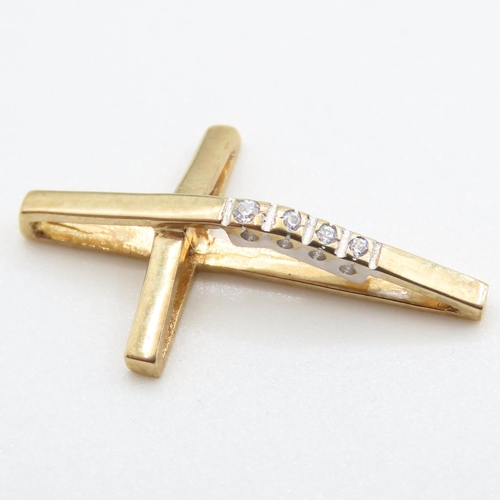 314 - Three Stone Diamond Set 9 Carat Yellow Gold Cross Pendant 2.5cm High As New Unworn