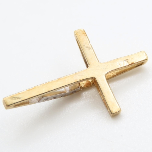 314 - Three Stone Diamond Set 9 Carat Yellow Gold Cross Pendant 2.5cm High As New Unworn