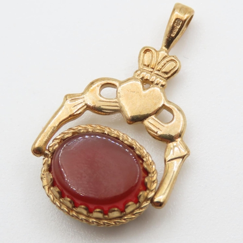 316 - Bloodstone and Carnelian Set in 9 Carat Yellow Gold Fob Pendant 2.5cm High As New Unworn
