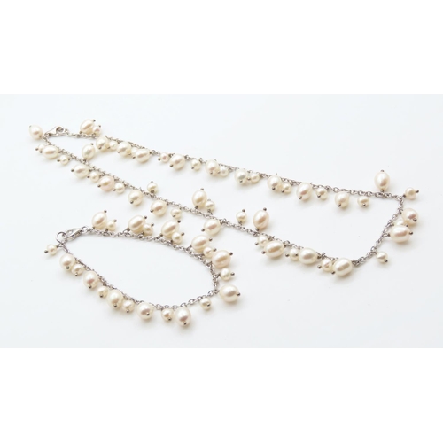 331 - Ladies Silver Pearl Necklace and Bracelet Set 40cm and 19cm Long As New Unworn