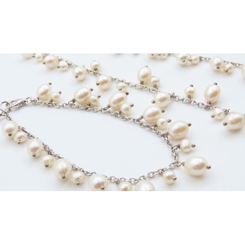 331 - Ladies Silver Pearl Necklace and Bracelet Set 40cm and 19cm Long As New Unworn