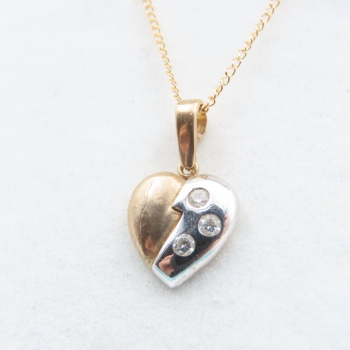 332 - Gemset 9 Carat Yellow and White Gold Heart Motif Pendant 2cm High Set on 9Carat Chain 46cm Long As N... 