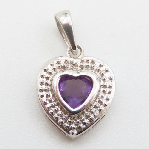 337 - Amethyst Set 9 Carat White Gold Heart Motif Pendant 1.5cm High