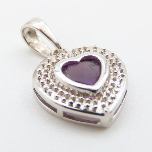 337 - Amethyst Set 9 Carat White Gold Heart Motif Pendant 1.5cm High