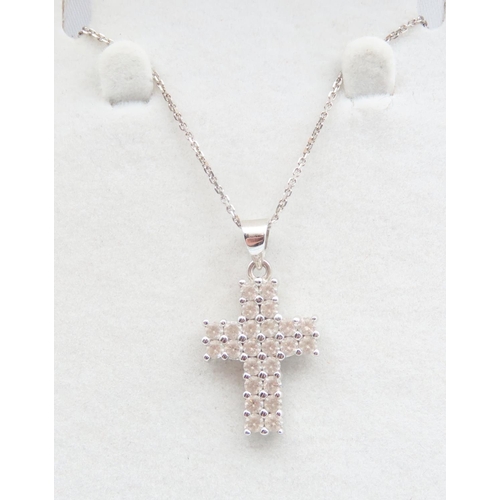 338 - Gemset 9 Carat White Gold Cross Pendant 2cm High Further Set on 9 Carat White Gold Chain 50cm Long A... 