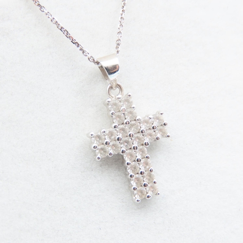 338 - Gemset 9 Carat White Gold Cross Pendant 2cm High Further Set on 9 Carat White Gold Chain 50cm Long A... 