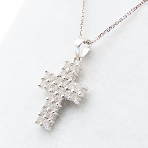 338 - Gemset 9 Carat White Gold Cross Pendant 2cm High Further Set on 9 Carat White Gold Chain 50cm Long A... 