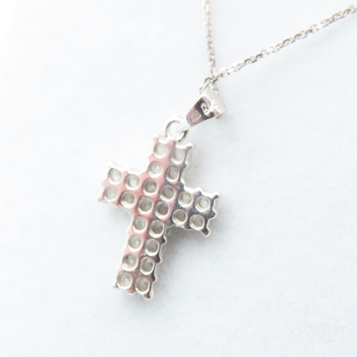 338 - Gemset 9 Carat White Gold Cross Pendant 2cm High Further Set on 9 Carat White Gold Chain 50cm Long A... 