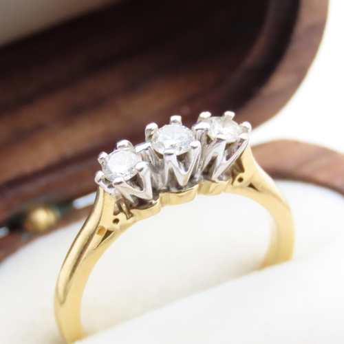 342 - Three Stone Diamond Ring Set in 18 Carat Yellow Gold Ring Size K As New Unworn