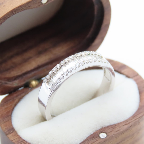 345 - Baguette Cut and Round Cut Three Row Diamond Ring Set in 18 Carat White Gold Ring Size Q As New Unwo... 