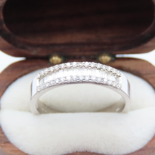 345 - Baguette Cut and Round Cut Three Row Diamond Ring Set in 18 Carat White Gold Ring Size Q As New Unwo... 