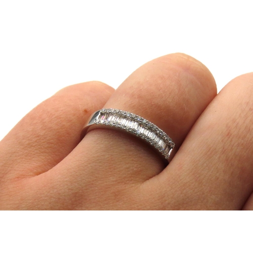 345 - Baguette Cut and Round Cut Three Row Diamond Ring Set in 18 Carat White Gold Ring Size Q As New Unwo... 