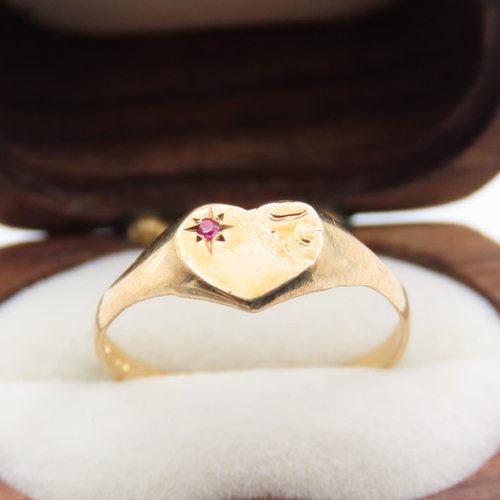 348 - Ruby Set 9 Carat Yellow Gold Heart Form Panel Ring Size O As New Unworn