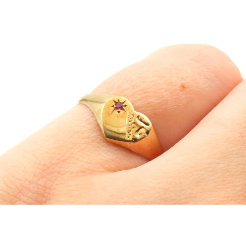348 - Ruby Set 9 Carat Yellow Gold Heart Form Panel Ring Size O As New Unworn