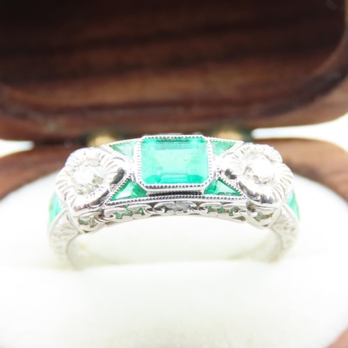 37 - Emerald and Diamond Set Ladies Ring Mounted in Platinum Ring Size M and a Half