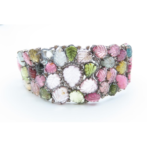 422 - Attractively Detailed Multi Gem and Diamond Bracelet Set in  Silver with Rose Gold Clasp 20cm Long
