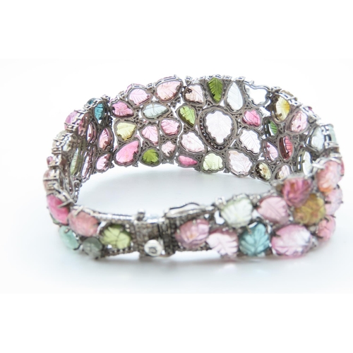 422 - Attractively Detailed Multi Gem and Diamond Bracelet Set in  Silver with Rose Gold Clasp 20cm Long