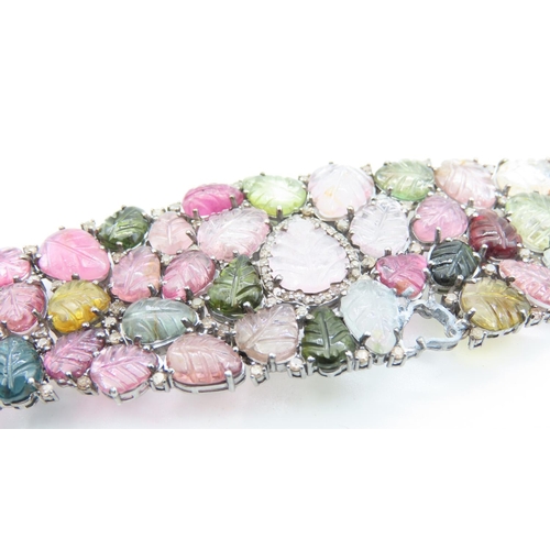 422 - Attractively Detailed Multi Gem and Diamond Bracelet Set in  Silver with Rose Gold Clasp 20cm Long
