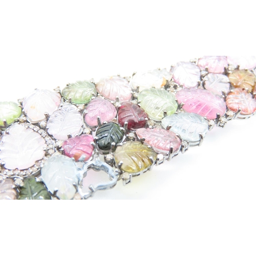 422 - Attractively Detailed Multi Gem and Diamond Bracelet Set in  Silver with Rose Gold Clasp 20cm Long