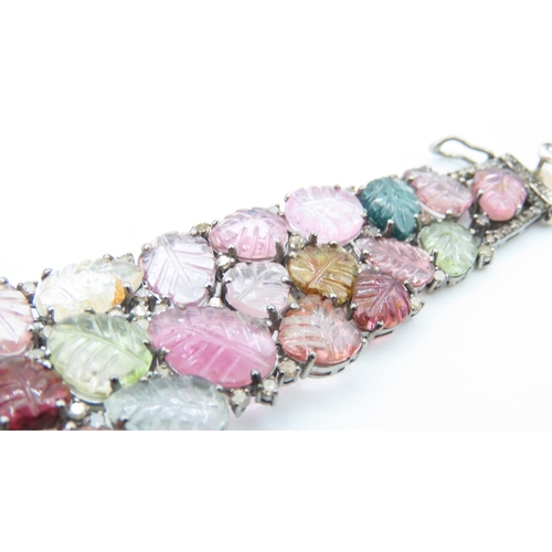 422 - Attractively Detailed Multi Gem and Diamond Bracelet Set in  Silver with Rose Gold Clasp 20cm Long