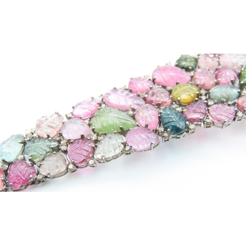 422 - Attractively Detailed Multi Gem and Diamond Bracelet Set in  Silver with Rose Gold Clasp 20cm Long