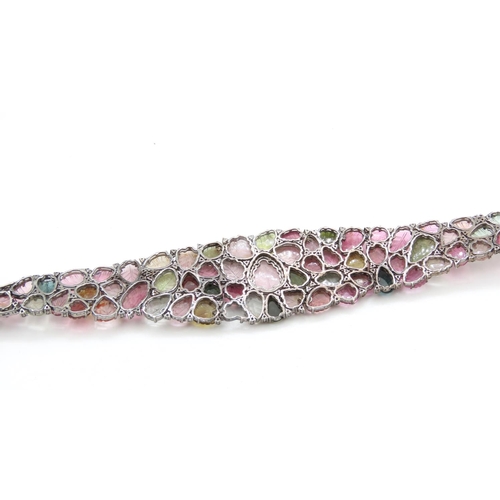 422 - Attractively Detailed Multi Gem and Diamond Bracelet Set in  Silver with Rose Gold Clasp 20cm Long