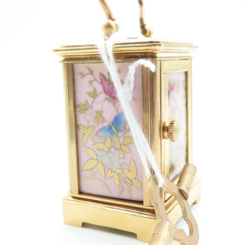 481 - Sevres Porcelain Panel Inset Carriage Clock Neat Form Working Order Key Present