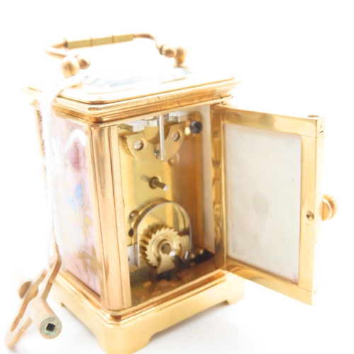481 - Sevres Porcelain Panel Inset Carriage Clock Neat Form Working Order Key Present