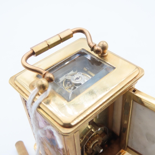481 - Sevres Porcelain Panel Inset Carriage Clock Neat Form Working Order Key Present