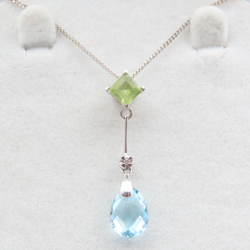 498 - Blue Topaz Peridot and Diamond Set Pendant 9 Carat Yellow Gold Pendant 3cm High Mounted on 9 Carat W... 