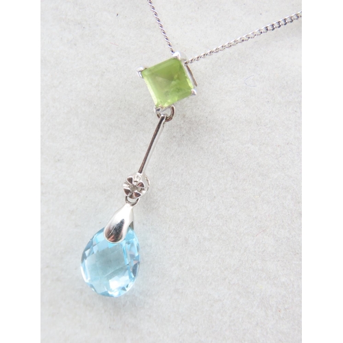 498 - Blue Topaz Peridot and Diamond Set Pendant 9 Carat Yellow Gold Pendant 3cm High Mounted on 9 Carat W... 