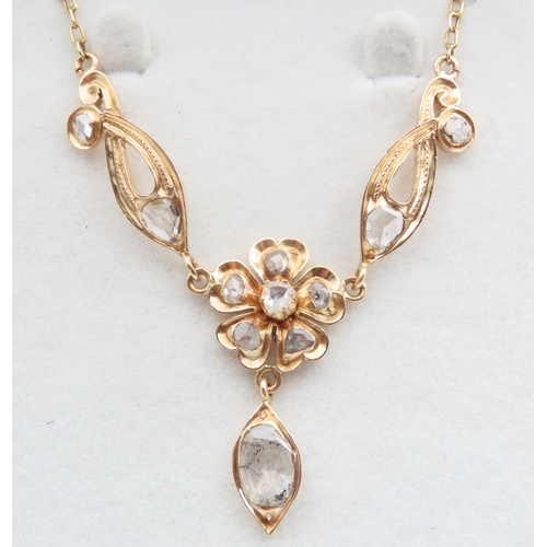 504 - Diamond Set Floral Motif Ladies Necklace Mounted on 18 Carat Yellow Gold 40cm Long