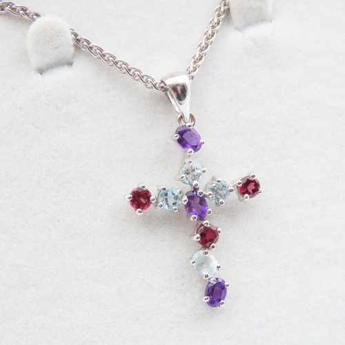 505 - Ruby Amethyst and Aquamarine Set 9 Carat Gold Crucifix Motif Pendant 4cm High Approximately Mounted ... 