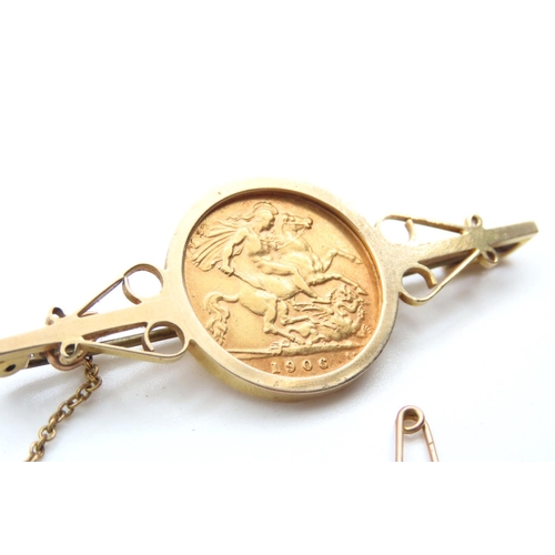 510 - Half Sovereign 1906 Brooch Set in 9 Carat Yellow Gold 5.5cm Wide