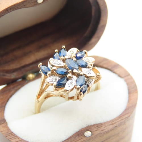 511 - Sapphire and Diamond Set 9 Carat Yellow Gold Ladies Cluster Ring Size O