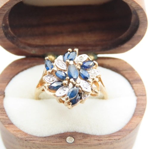 511 - Sapphire and Diamond Set 9 Carat Yellow Gold Ladies Cluster Ring Size O