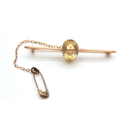 512 - Citrine Set 9 Carat Yellow Gold Ladies Bar Brooch with 9 Carat Yellow Gold Safety Chain and Pin 5cm ... 