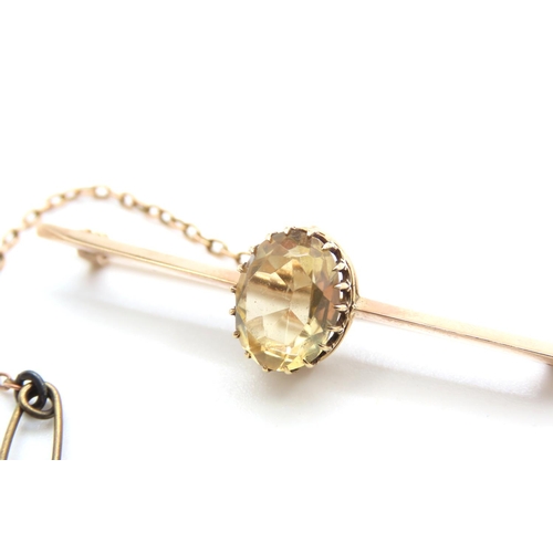 512 - Citrine Set 9 Carat Yellow Gold Ladies Bar Brooch with 9 Carat Yellow Gold Safety Chain and Pin 5cm ... 