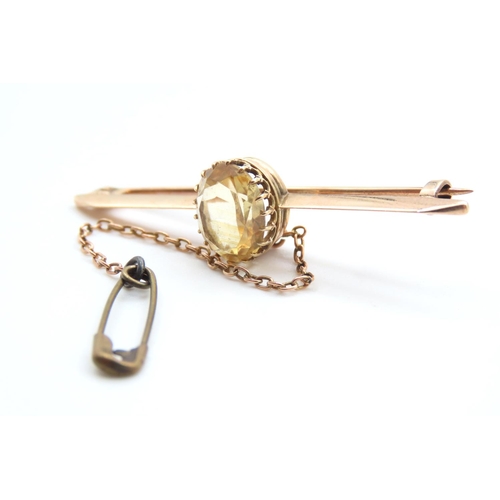 512 - Citrine Set 9 Carat Yellow Gold Ladies Bar Brooch with 9 Carat Yellow Gold Safety Chain and Pin 5cm ... 