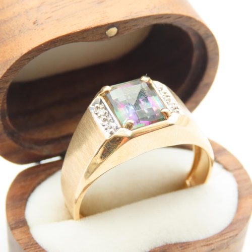 515 - Mystic Topaz and Diamond Set 9 Carat Yellow Gold Ring Size Z and a Half