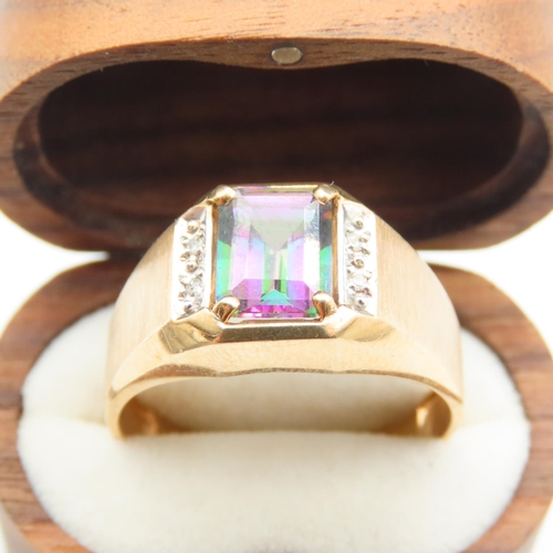 515 - Mystic Topaz and Diamond Set 9 Carat Yellow Gold Ring Size Z and a Half