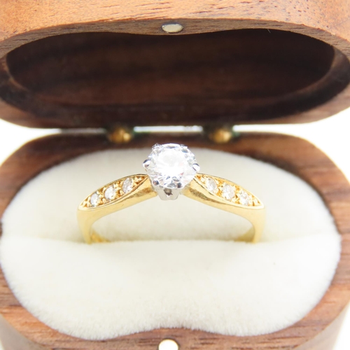 518 - 18 Carat Yellow Gold Diamond Solitaire Ring Further Diamond Decorated Shoulders Size L and a Half