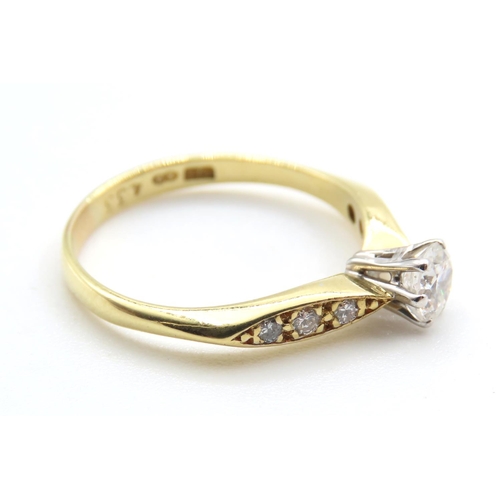 518 - 18 Carat Yellow Gold Diamond Solitaire Ring Further Diamond Decorated Shoulders Size L and a Half