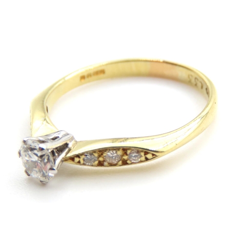 518 - 18 Carat Yellow Gold Diamond Solitaire Ring Further Diamond Decorated Shoulders Size L and a Half