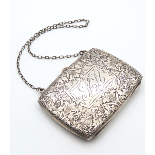 522 - Silver Ladies Evening Purse Finely Engraved Detailing Set on Silver Chain 9cm Wide 7cm High Fitted I... 