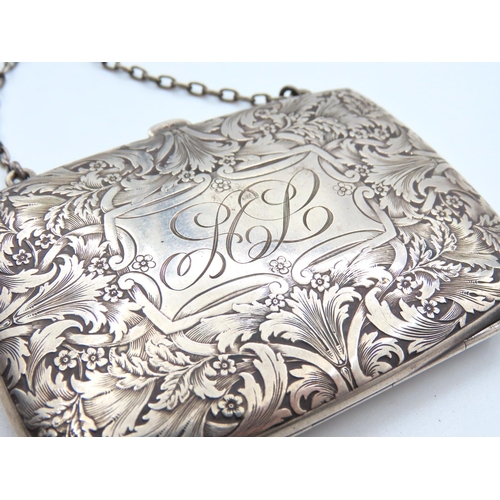 522 - Silver Ladies Evening Purse Finely Engraved Detailing Set on Silver Chain 9cm Wide 7cm High Fitted I... 