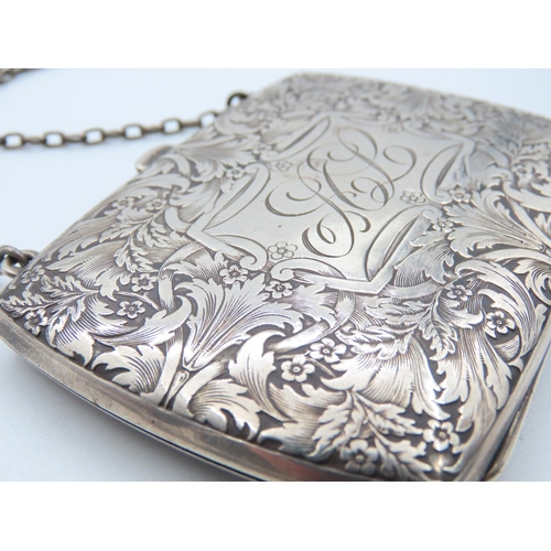 522 - Silver Ladies Evening Purse Finely Engraved Detailing Set on Silver Chain 9cm Wide 7cm High Fitted I... 