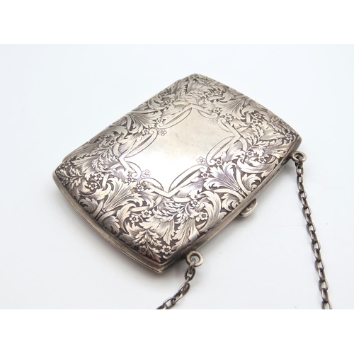 522 - Silver Ladies Evening Purse Finely Engraved Detailing Set on Silver Chain 9cm Wide 7cm High Fitted I... 