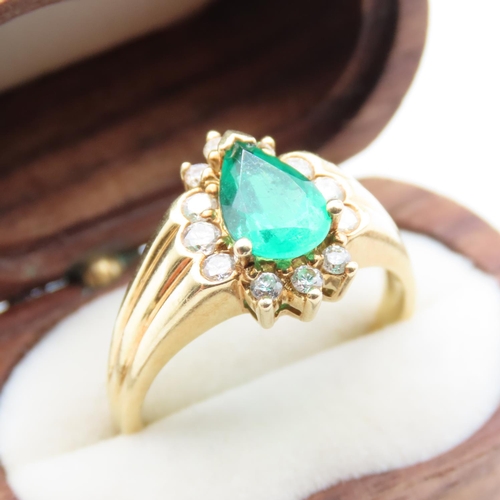 66 - Pear Cut Emerald and Diamond Ladies Ring Mounted in 18 Carat Yellow Gold Ring Size R and a Half