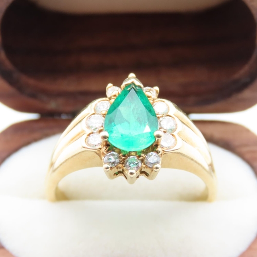 66 - Pear Cut Emerald and Diamond Ladies Ring Mounted in 18 Carat Yellow Gold Ring Size R and a Half